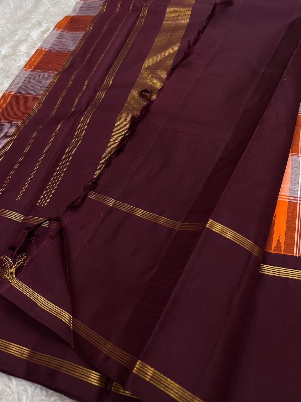 Kesari Orange Ivory Kanchi Kattam Kanchipuram silk saree with deep purple border, styled for a cultural academy awards event.