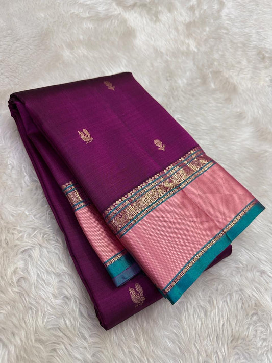 Pure Kanchipuram Silk Saree – Amethyst with Rose Pink Border and Turquoise Selvedge