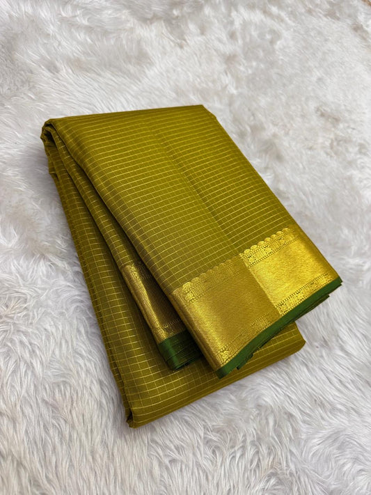 Pure Kanchipuram Silk Saree – Mustard Olive Zari Kattam with Antique Gold Border