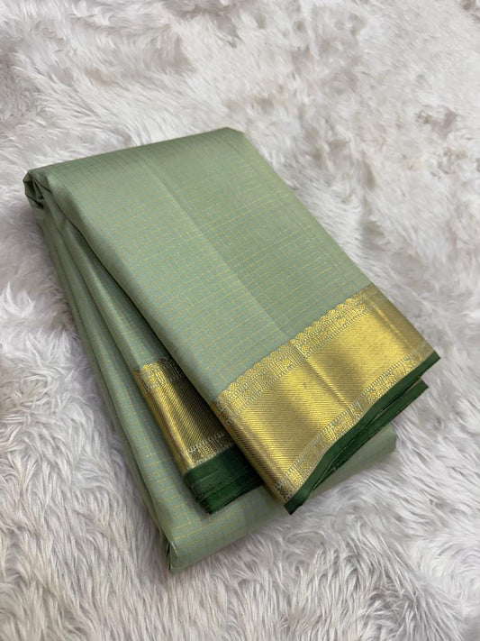 Pure Kanchipuram Silk Saree – Sage Green Zari Kattam with Antique Gold Border