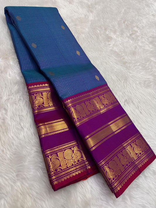 Pure Kanchipuram Silk Saree – Water Blue Shot Pink with Zari Woven Butta and Antique Gold Border