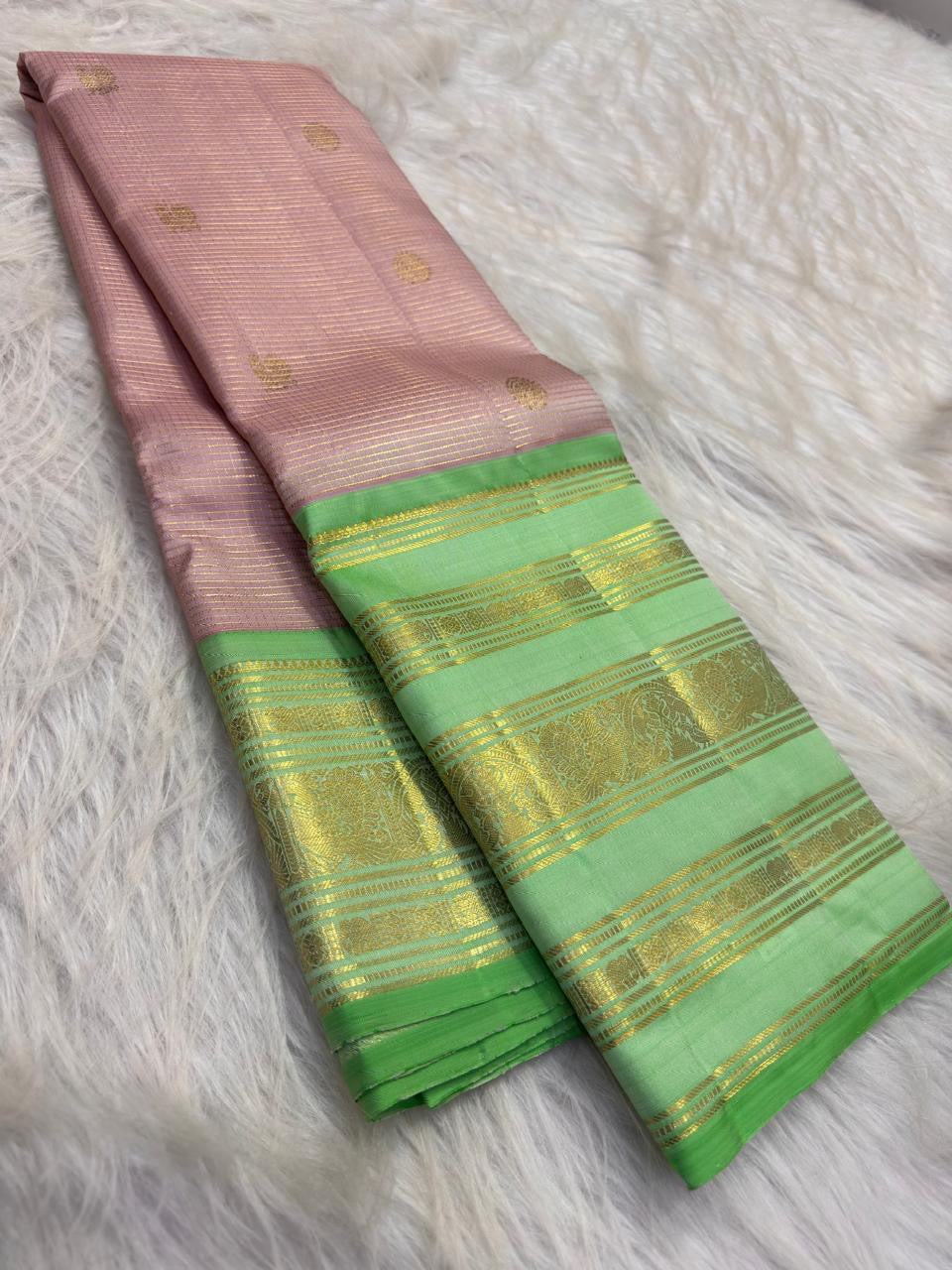 Thulir Pachai Green and Petal Pink vintage pure silk Kanchipuram Varisaipet saree, full saree drape, handwoven zari and ornate border