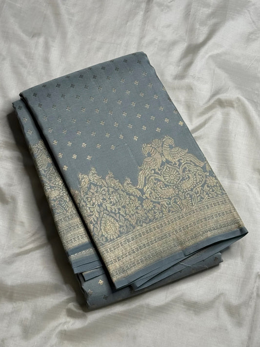 slate blue Kanchipuram silk saree with vs weave folded view