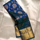 Blue Kancheepuram silk saree featuring floral jaal pattern with gold zari detail