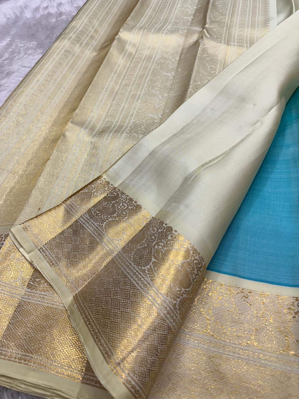 traditional tested zari detail on sky blue Kanchipuram silk saree