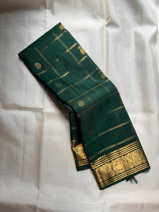 Kancheepuram silk saree green body with gold check pattern detail