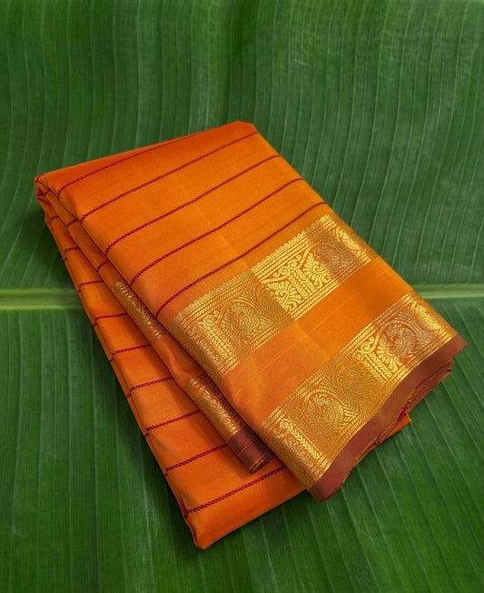 Kanchipuram Silk Saree • Rettapet Veldhari Weave • Sunset Orange with Brick Red