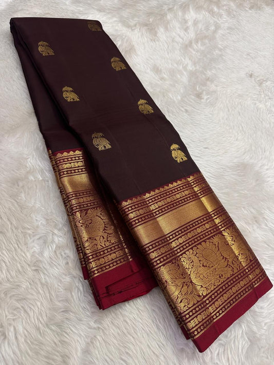 Kanjivaram silk saree brown body with elephant butta and red border detail