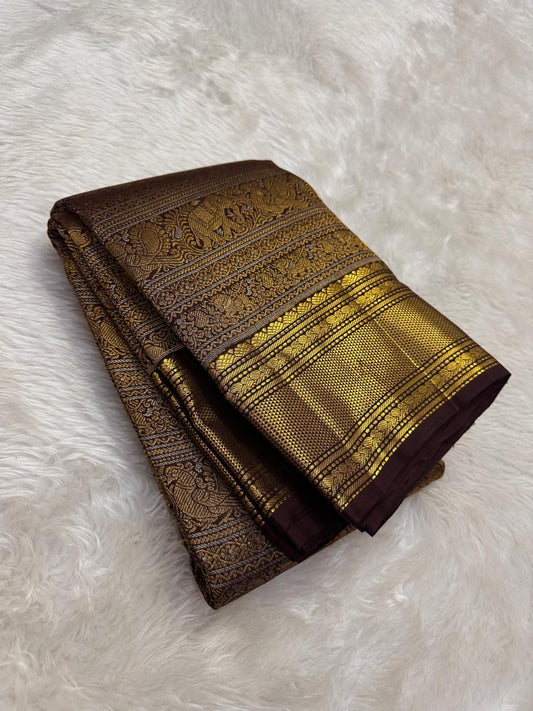 Pure Kanchipuram Silk Saree Rich Burgundy with Gilded Gold Zari and Elephant Border