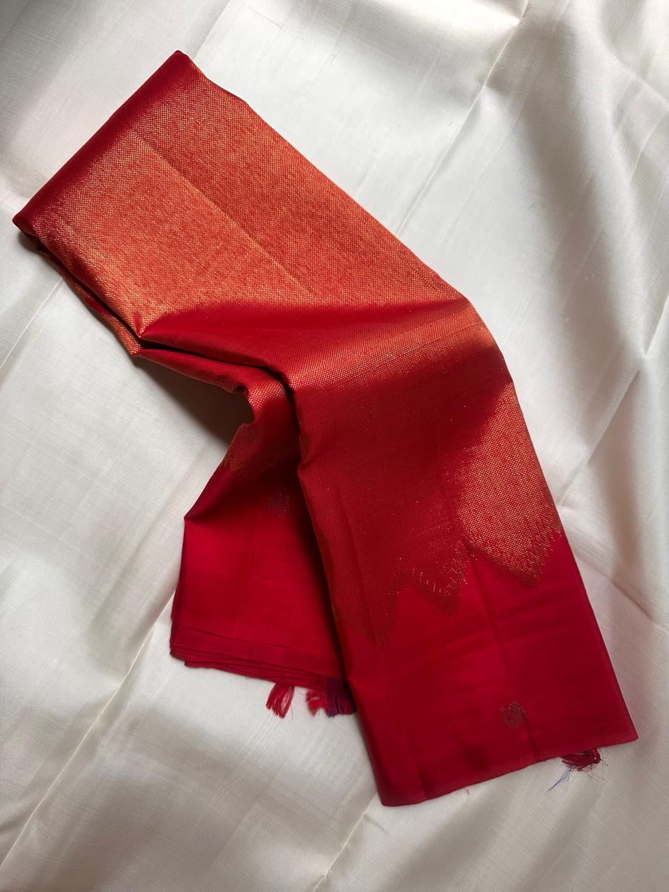 Pillar-Box Red Handwoven Pure Silk Kanchipuram Saree with Butta Gold Zari Motif