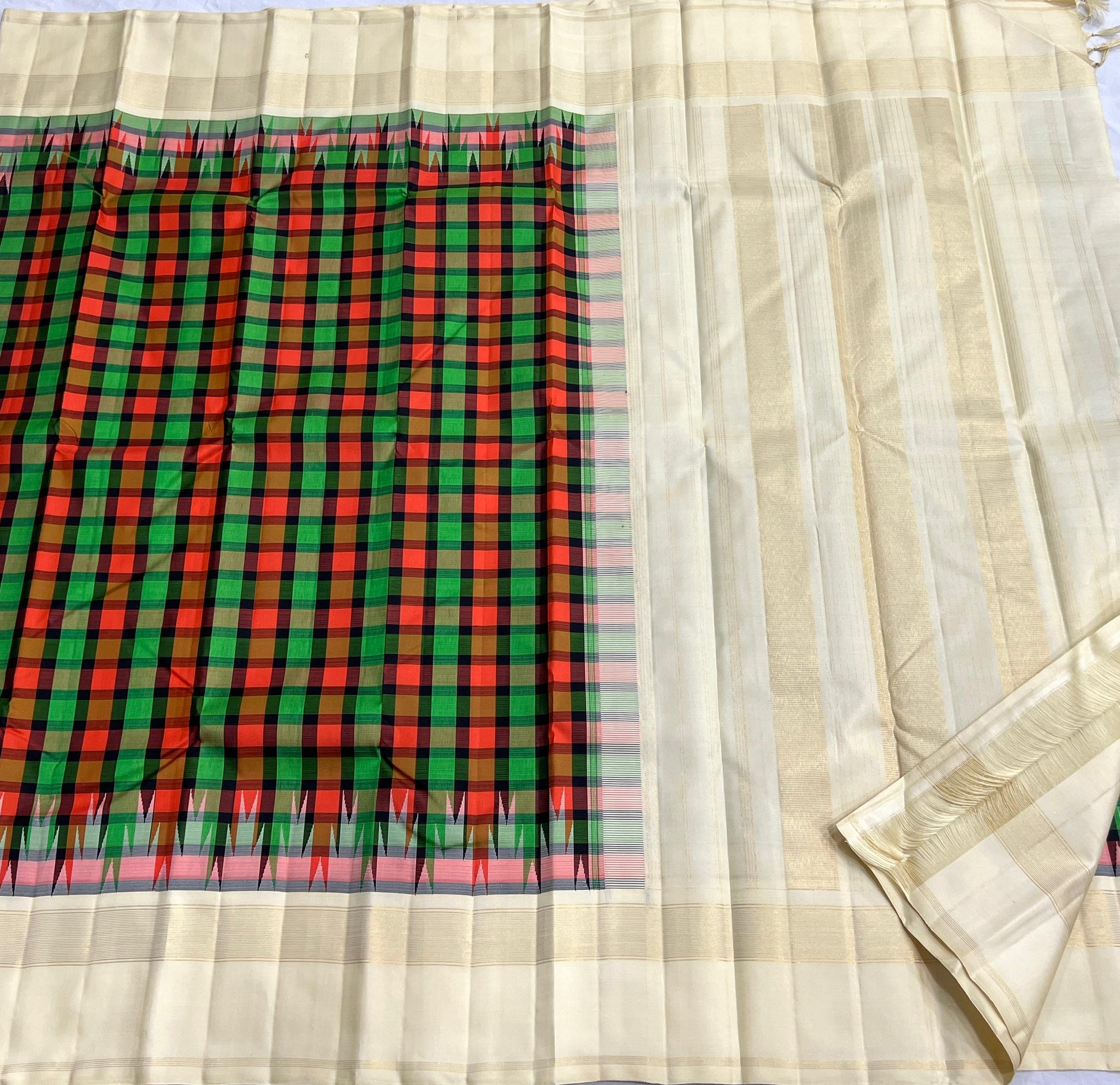 pure kanjivaram silk saree cream body multicolor checkered weave