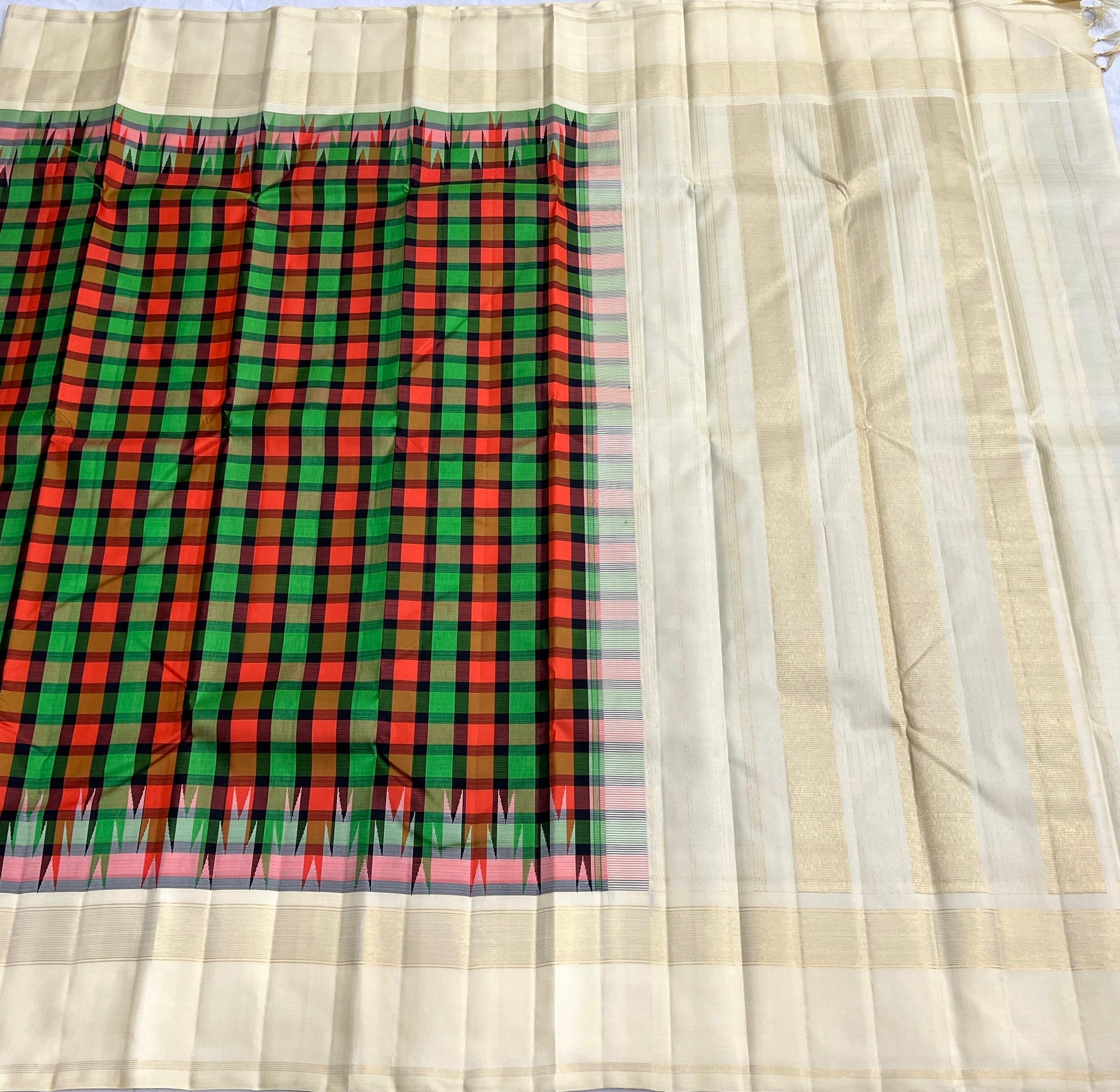 kancheevaram silk saree ivory tone with multicolor kattam pattern