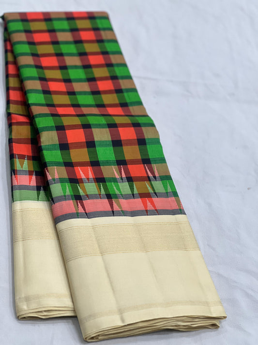 kanjivaram silk saree cream base green coral checks border detail