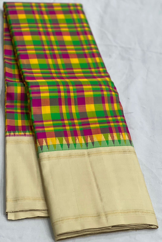 kanjivaram silk saree cream base green coral checks border detail