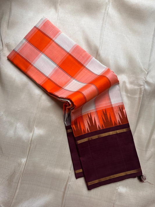 Pure Kanchipuram Silk Saree Flame Coral with Soft Cream Lattice Rettapet Border