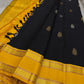 Pure Kanchipuram silk saree in deep navy with mustard gold zari border and pink contrast pallu