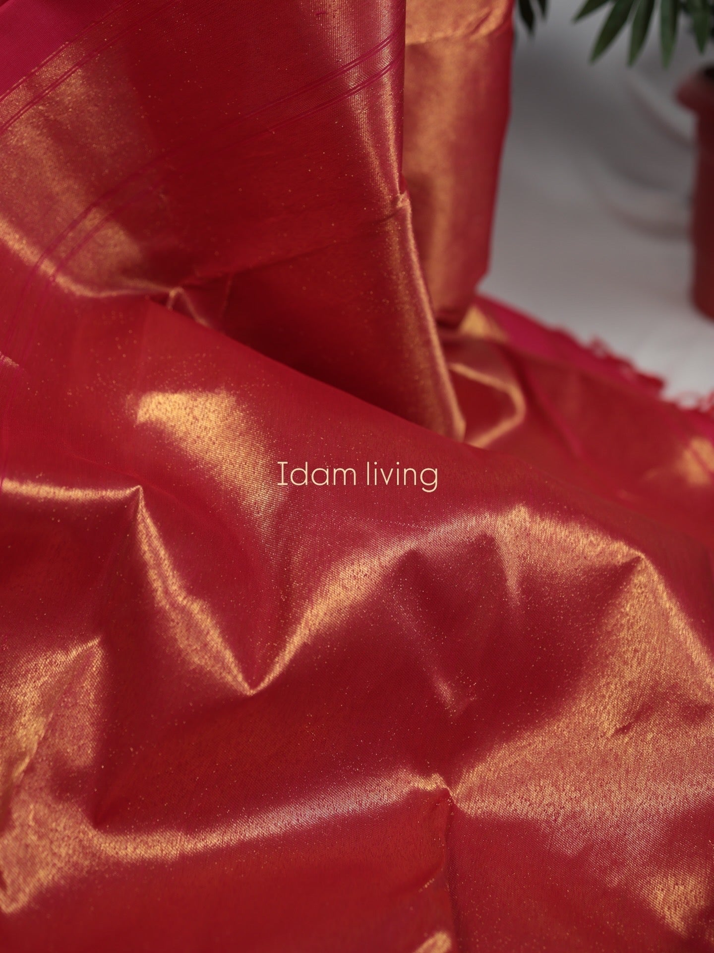 Detail photograph of a Pure Kanchipuram silk saree woven in Ettukol technique with traditional gold zari creating a richly textured silk surface