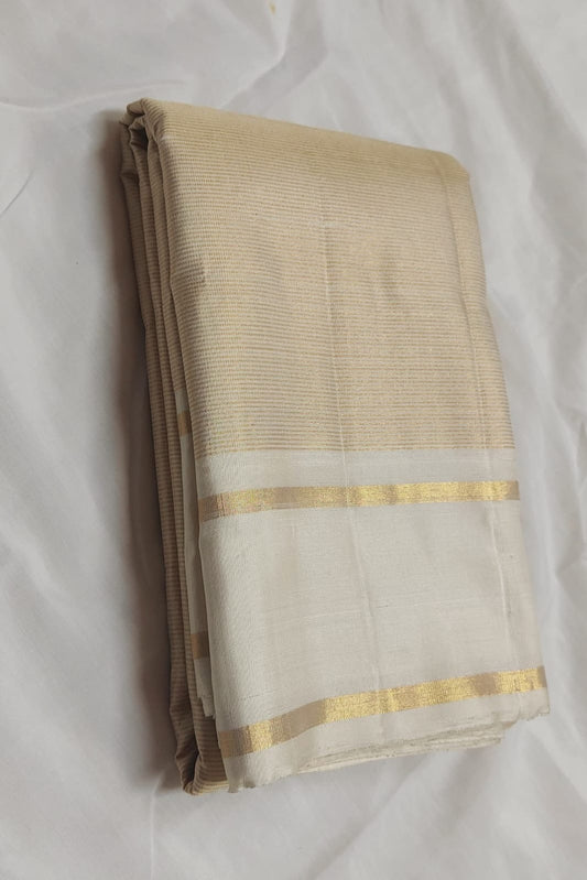 Kancheepuram silk saree cream silk with white panel border detail