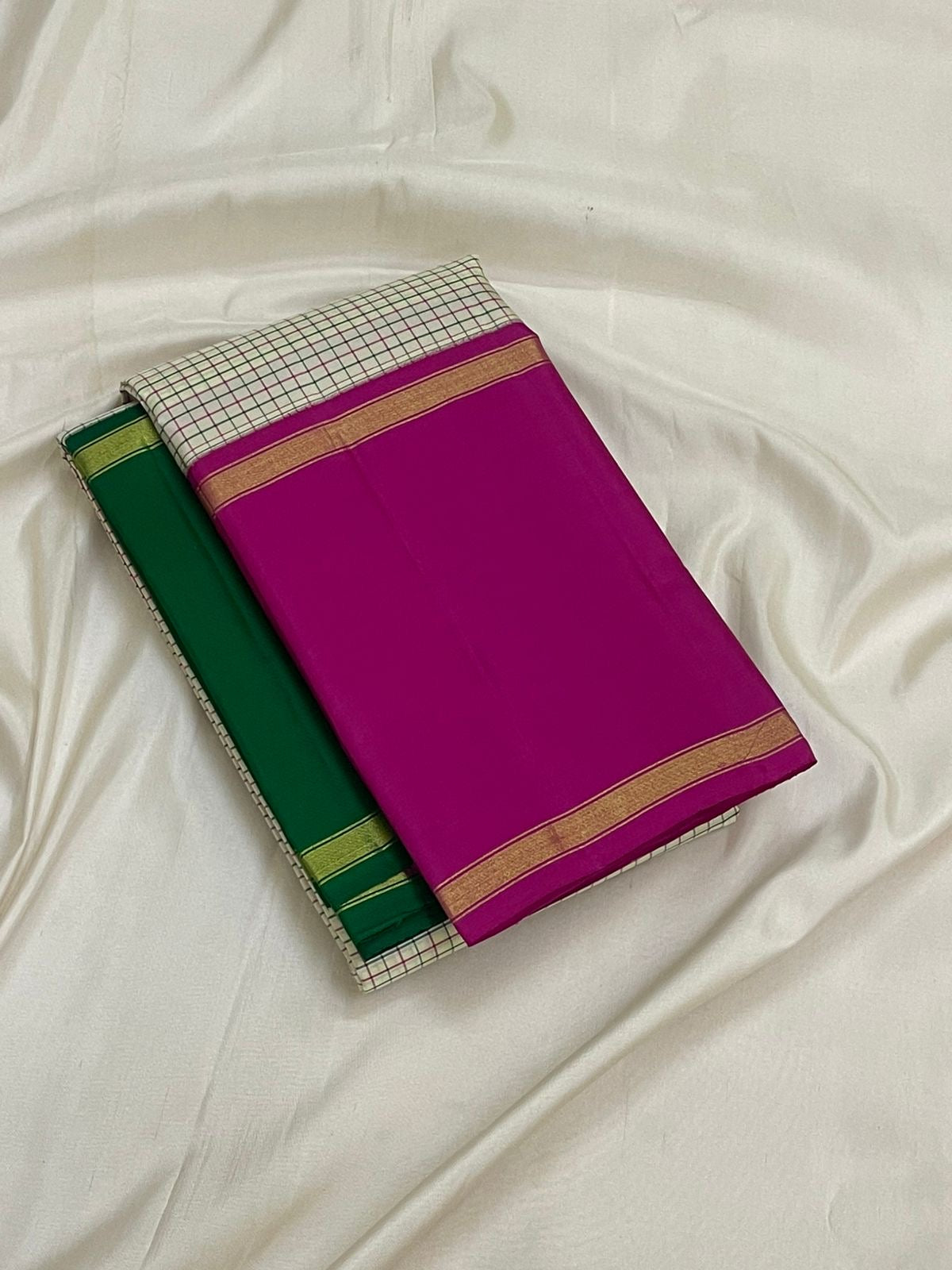 Kanjivaram silk saree white grid pattern with pink and green border detail