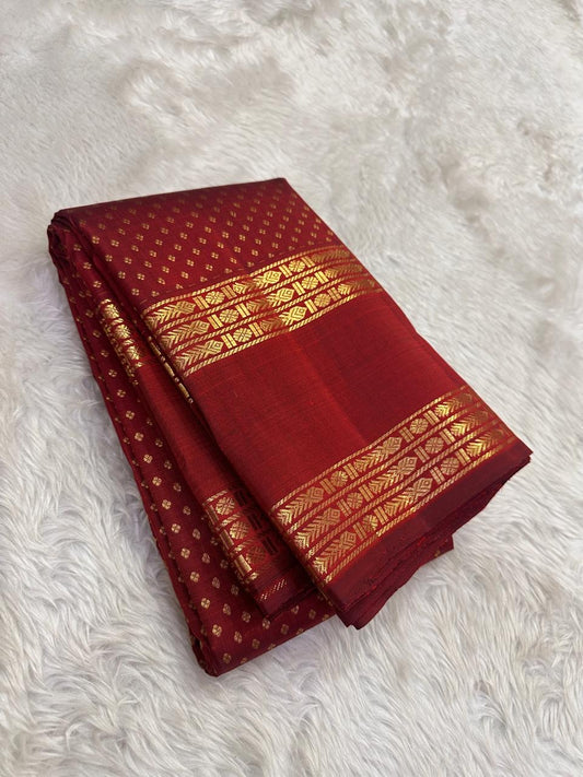 Pure Kanchipuram Silk Saree – Crimson Vermilion Rettapet with Temple Gold Accents and Deep Ruby Base