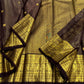 Deep cocoa brown Kanjivaram silk saree with antique gold pallu folded view