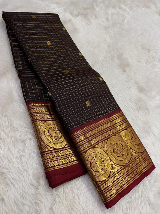 Pure Kanchipuram Silk Saree – Deep Espresso Kattam with Vermilion Korvai Border and Antique Gold Mayil Butta
