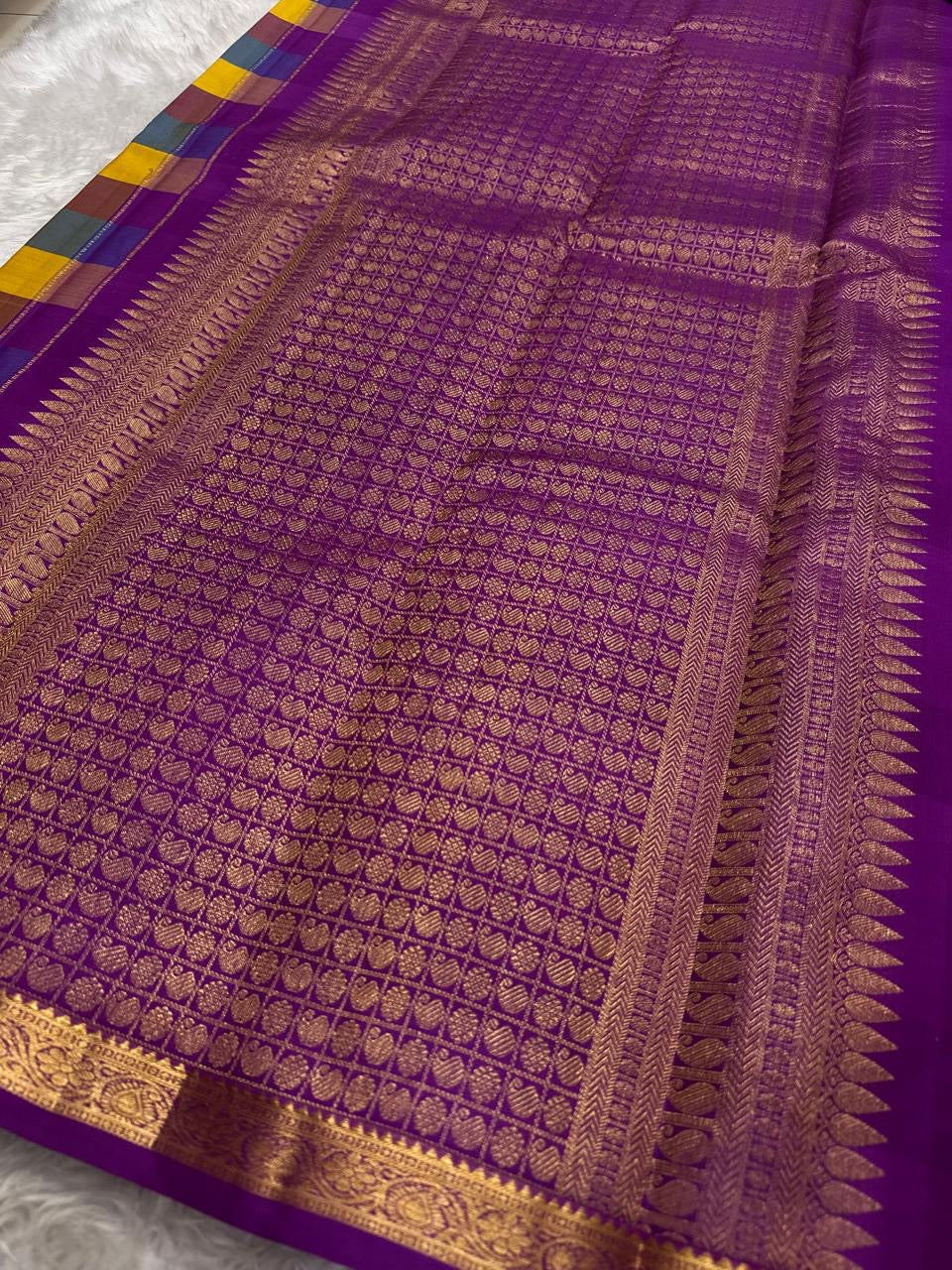 Kanjivaram silk saree Paalum Pazhamum weave multicolor checks with pallu detail view