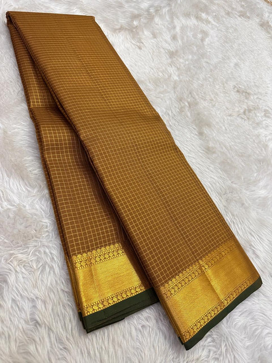 Pure Kanchipuram Silk Saree – Antique Bronze Zari Kattam with Classic Gold Border