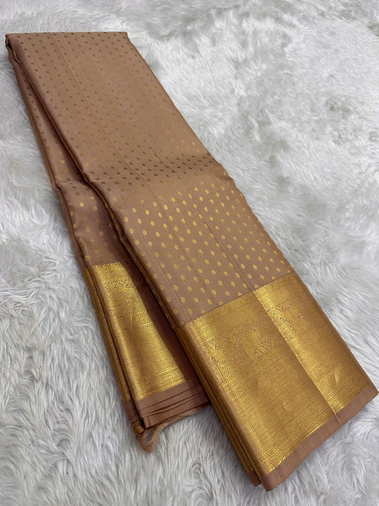Pure Kanchipuram Silk Saree – Champagne Beige with Antique Gold Micro Zari Butta