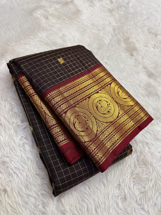 Pure Kanchipuram Silk Saree – Deep Espresso Kattam with Vermilion Korvai Border and Antique Gold Mayil Butta