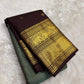 Pine green Kanchipuram silk saree with zari kattam checks and deep brown zari border folded view