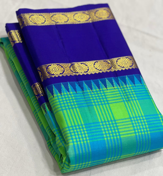 Kanchipuram silk saree aqua teal with lime green checks full view