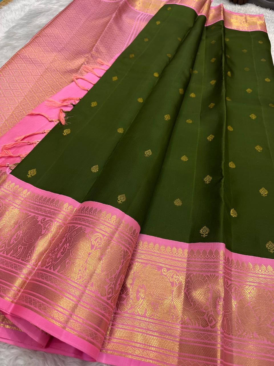 Forest Green Rose Pink Kanchipuram Silk Saree with Vanasringaram Border