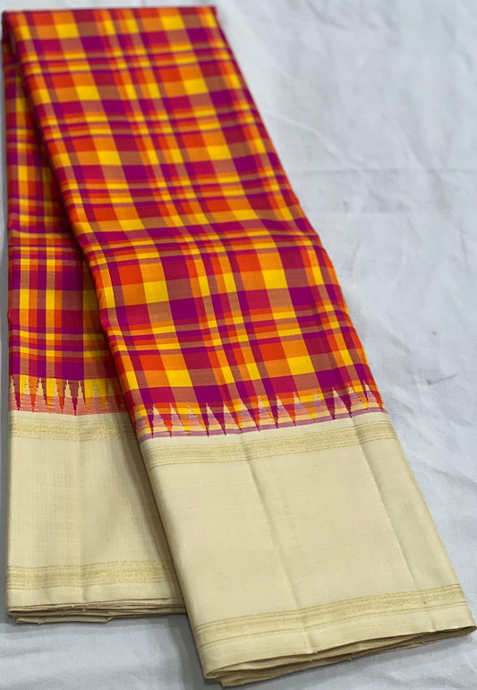 Ivory Kancheepuram silk saree with multicolor check pattern detail