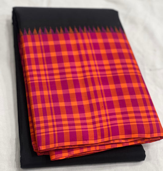 Orange Kanjivaram silk saree with kanchi kattam checks folded view