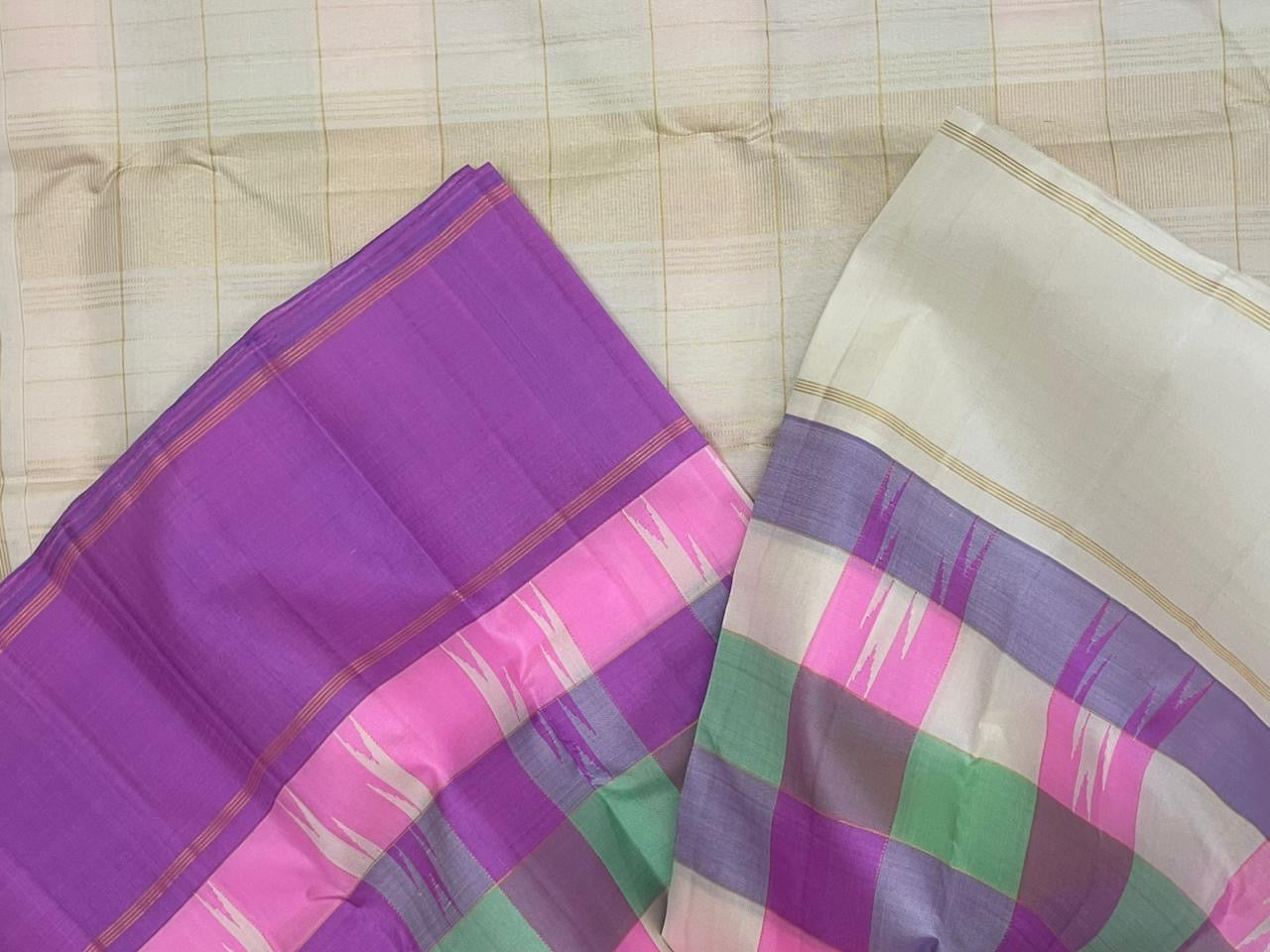 Kanchipuram silk saree ganga jamuna border with contrasting colors detail