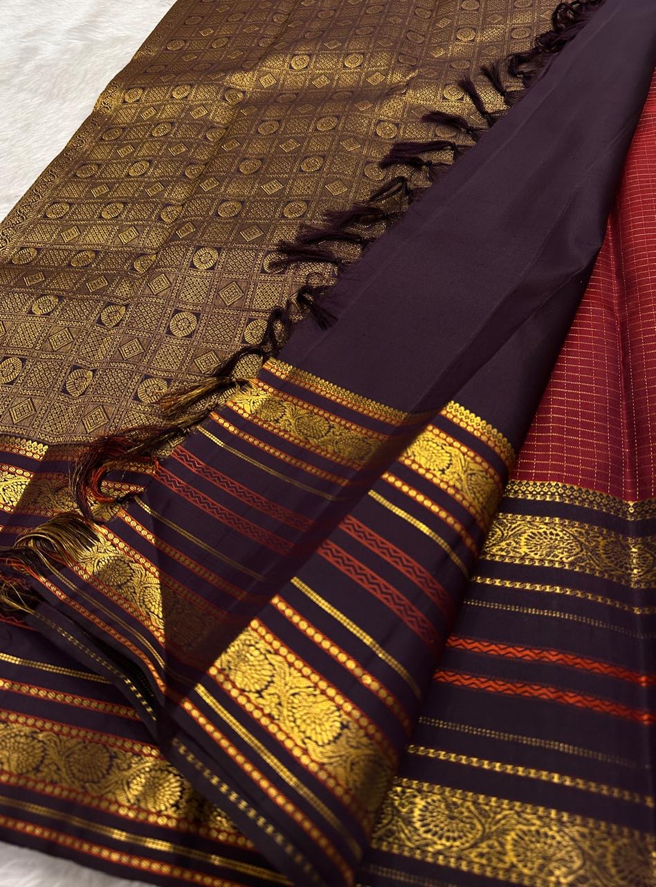 Kancheepuram silk saree red silk body with sunlit gold pattern border detail