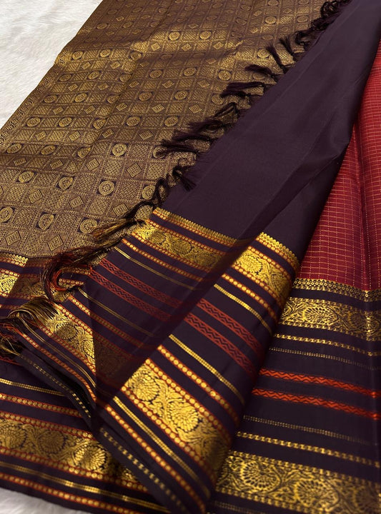 Kancheepuram silk saree red silk body with sunlit gold pattern border detail