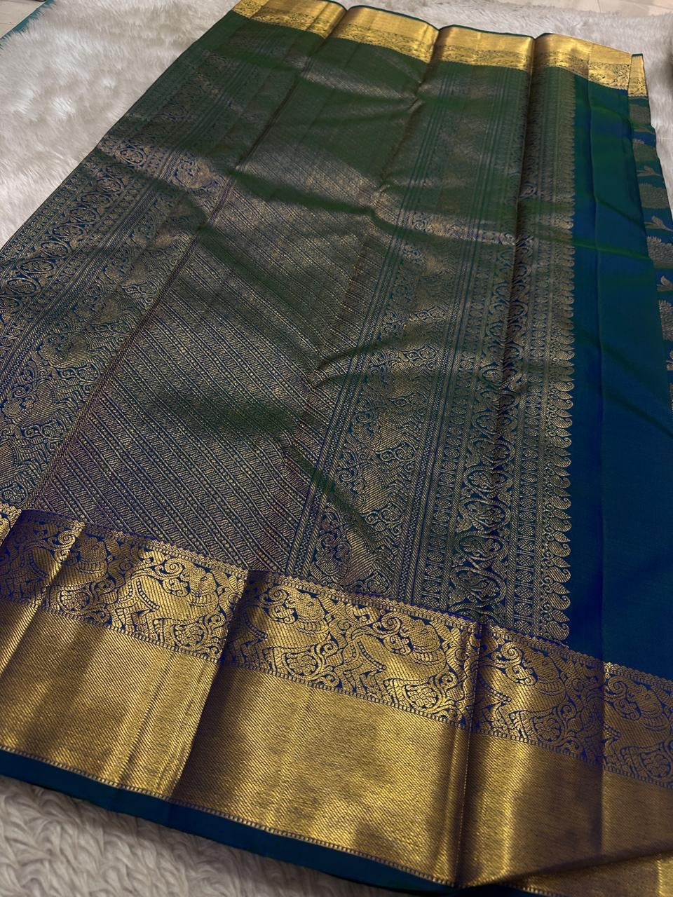 Blue Oceanic Cobalt Kanchipuram Silk Saree with Floral Butta Jaal in Green Lagoon and Gold Vine Zari