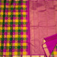 Draped view of checked Pure Kanchipuram silk saree with zari woven gold border and magenta tassels near the pallu.
