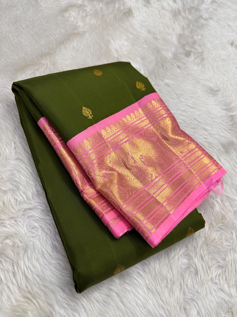 Forest Green Rose Pink Kanchipuram Silk Saree with Vanasringaram Border