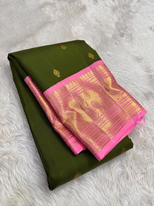 Forest Green Rose Pink Kanchipuram Silk Saree with Vanasringaram Border