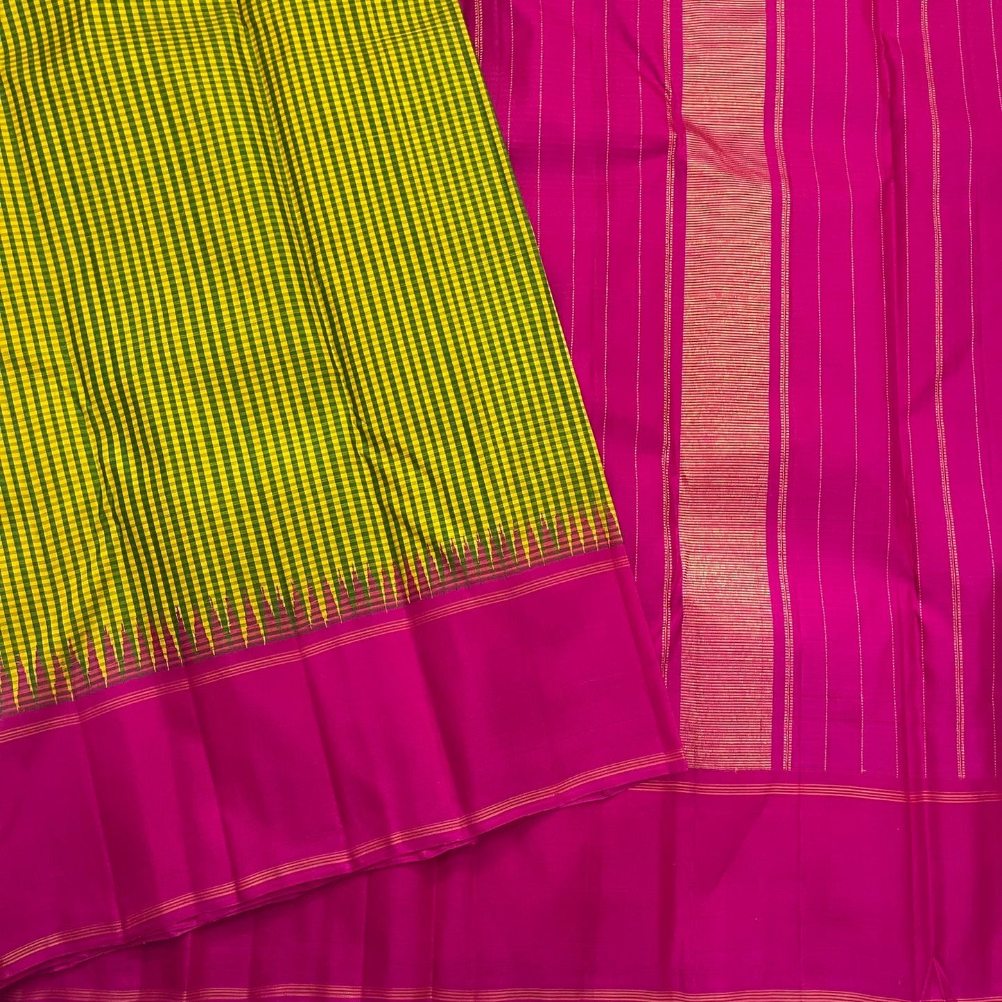 Close view of green-yellow checked body meeting magenta border with thin line detailing