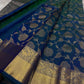 Blue Kanchipattu silk saree with floral butta jaal design folded display view
