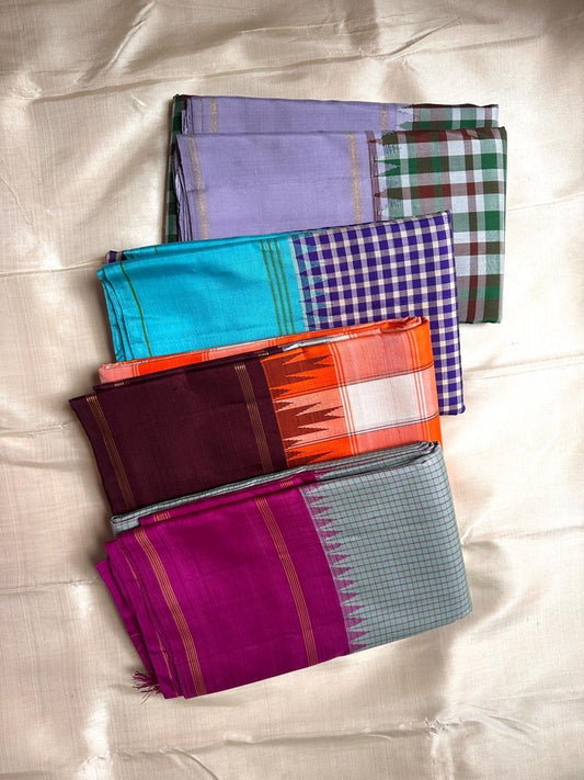 Kanjivaram silk saree powder blue body with kanchi kattam grid and magenta border folded view