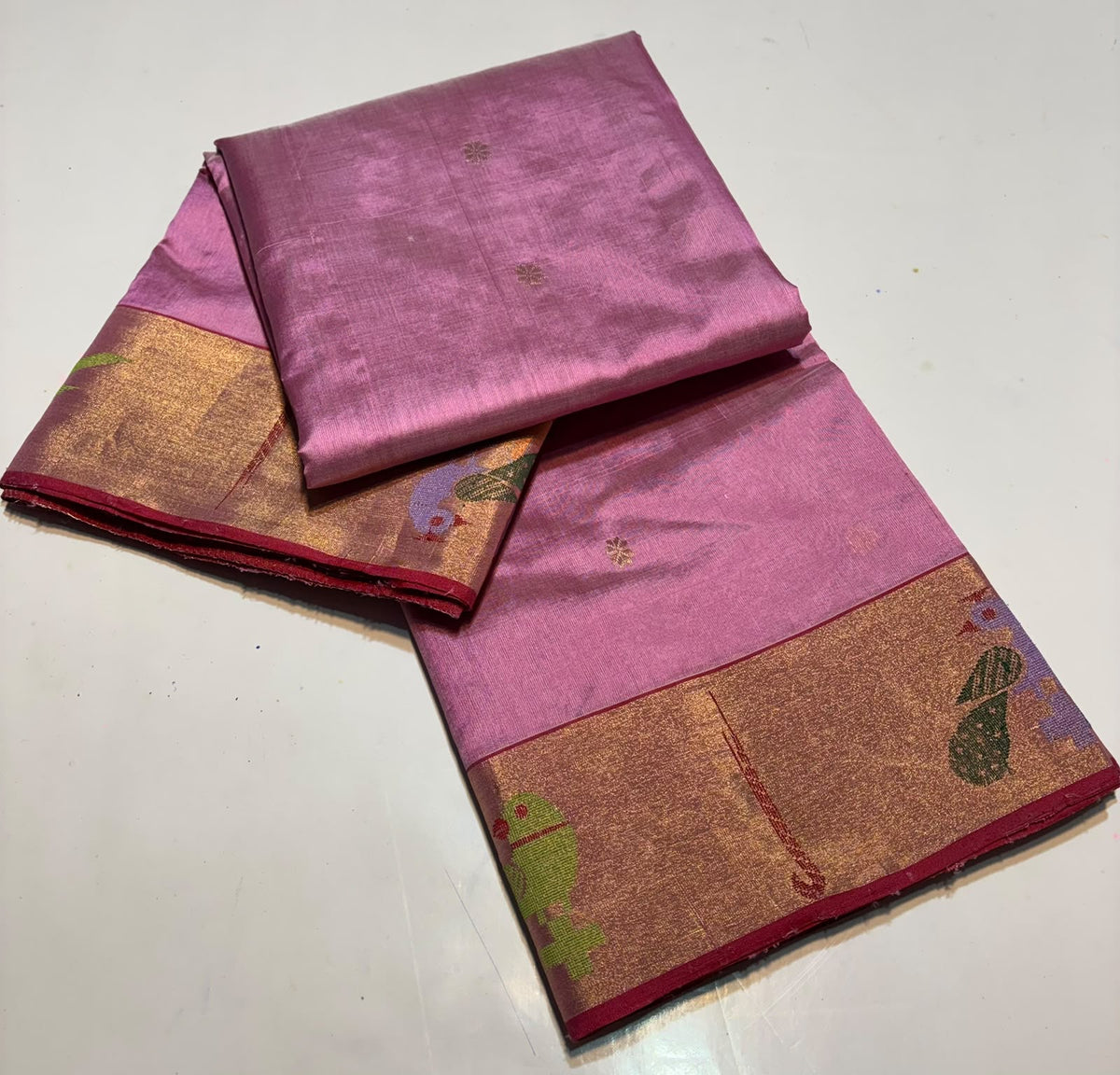 Rose Pink Gold Border Pattu Silk Chanderi saree, full length view