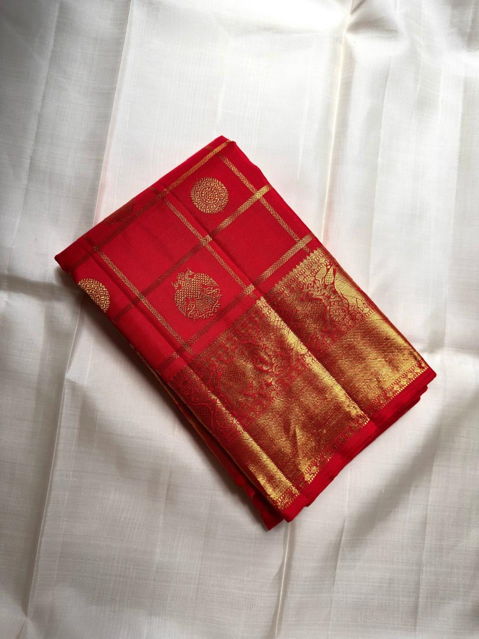 Pure Kanchipuram Silk Saree Hibiscus Red with Gold Zari Kattam Checks and Gandaberunda Butta