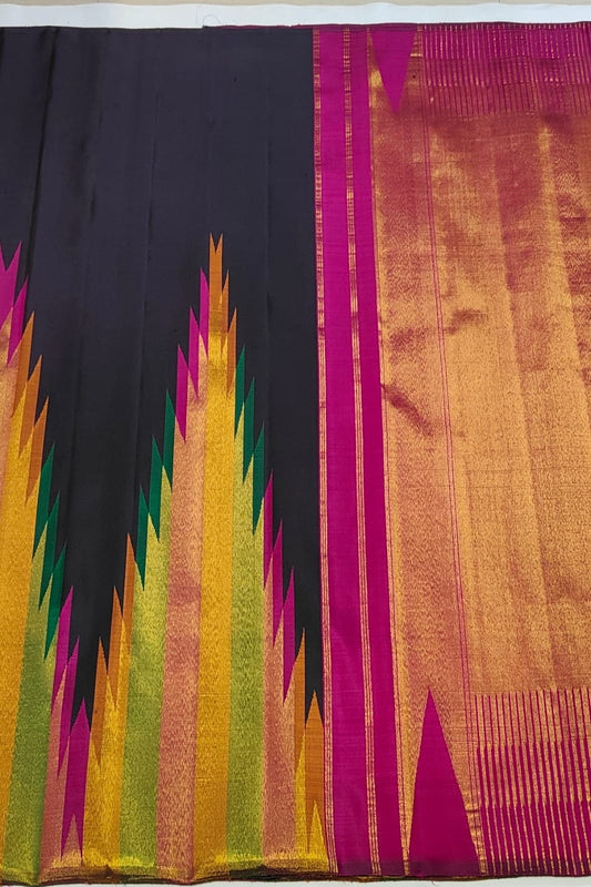 Ink Black Kanchipuram Silk Saree with Ettukol Border and Multicolor Temple Design