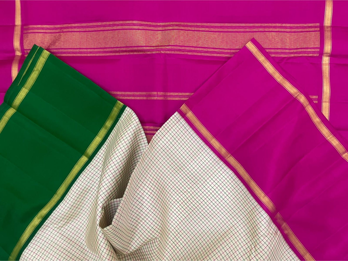 Kanjivaram silk saree white with fuchsia pink and emerald green border
