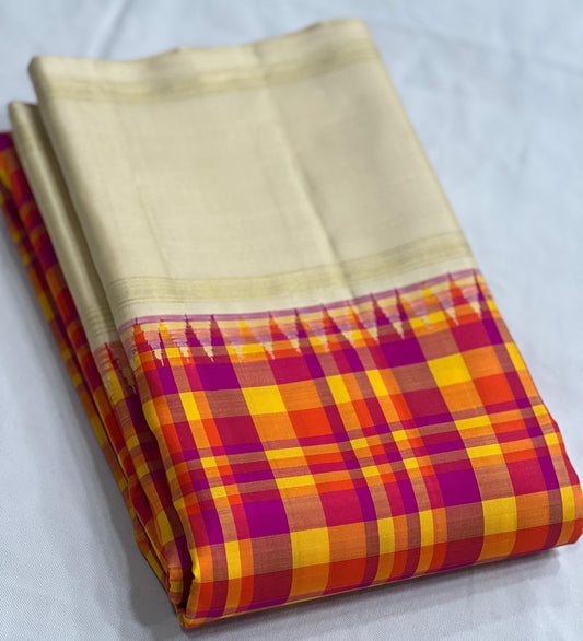 Ivory Kanjivaram silk saree with kanchi kattam checks folded view